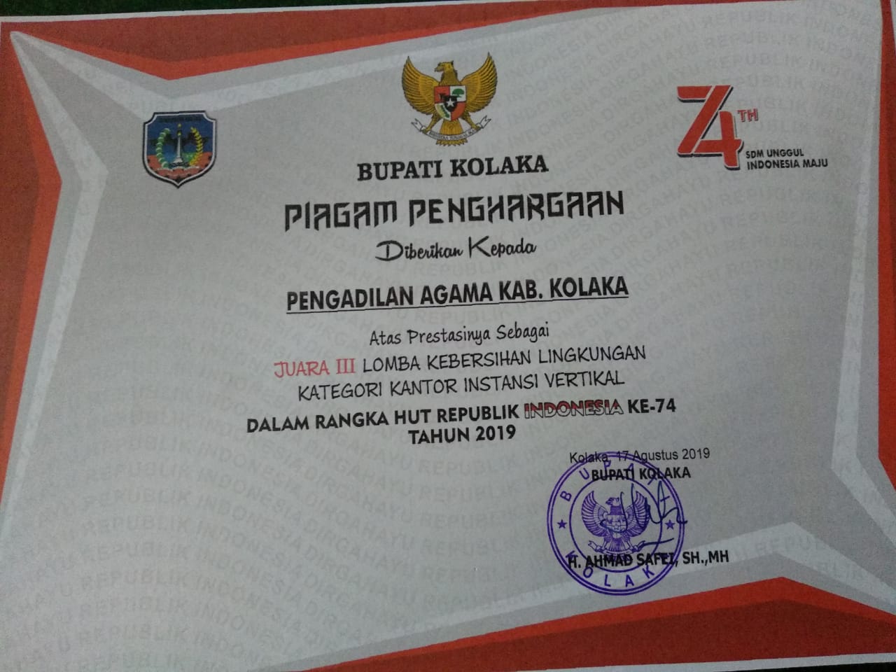 PA Kolaka Juara Tiga Lomba Kebersihan Lingkungan Kategori Kantor Instansi Vertikal